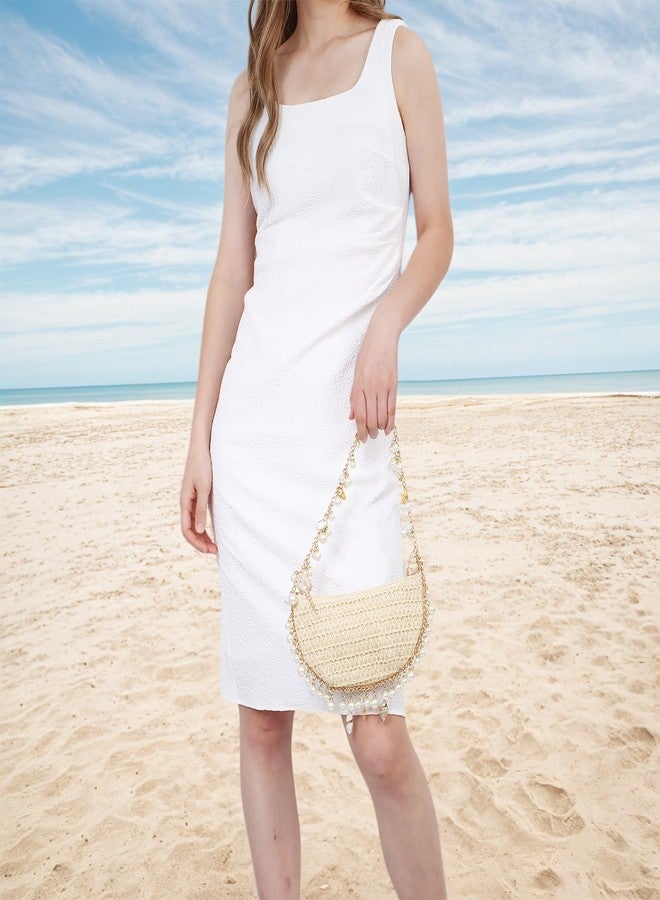 Fecialy Pearl Straw Clutch Purse for Women Woven Summer Beach Shoulder Bag Beaded Evening Bag - Image 2