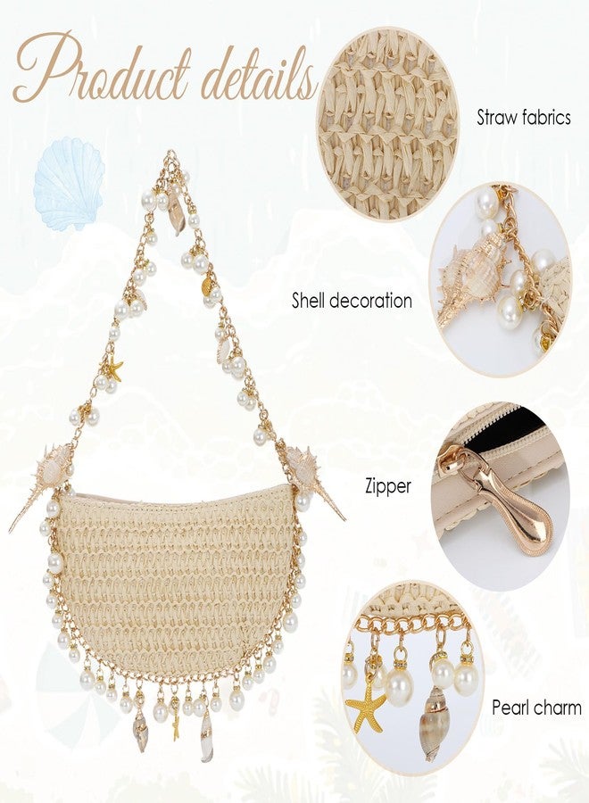 Fecialy Pearl Straw Clutch Purse for Women Woven Summer Beach Shoulder Bag Beaded Evening Bag - Image 5