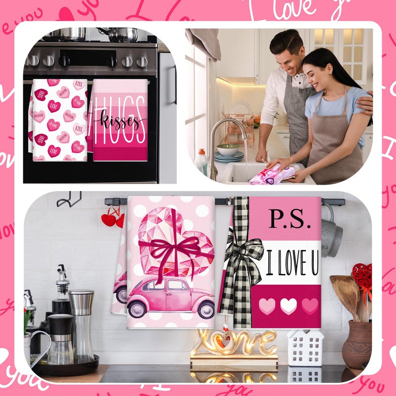 SmoothNovelty 6 Pcs Valentine's Day Kitchen Towels Rose Red Love Heart Dish Towel Decorative Hugs Kisses Hand Tea Towel Farmhouse Valentines Bathroom Decor for Holiday Anniversary Wedding Decoration - Image 2
