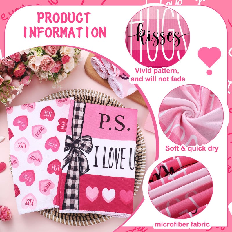 SmoothNovelty 6 Pcs Valentine's Day Kitchen Towels Rose Red Love Heart Dish Towel Decorative Hugs Kisses Hand Tea Towel Farmhouse Valentines Bathroom Decor for Holiday Anniversary Wedding Decoration - Image 4