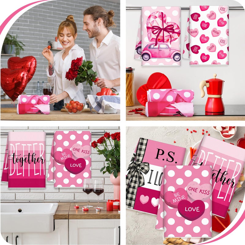 SmoothNovelty 6 Pcs Valentine's Day Kitchen Towels Rose Red Love Heart Dish Towel Decorative Hugs Kisses Hand Tea Towel Farmhouse Valentines Bathroom Decor for Holiday Anniversary Wedding Decoration - Image 5