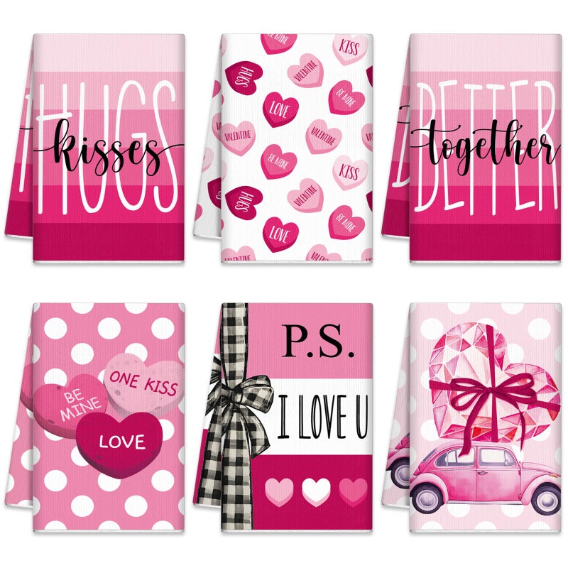 SmoothNovelty 6 Pcs Valentine's Day Kitchen Towels Rose Red Love Heart Dish Towel Decorative Hugs Kisses Hand Tea Towel Farmhouse Valentines Bathroom Decor for Holiday Anniversary Wedding Decoration - Image 1