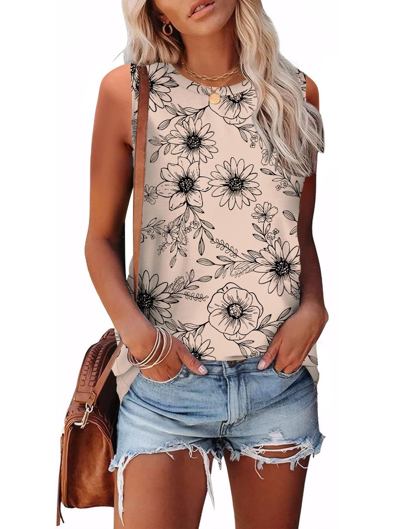 SAMPEEL Tank Top for Women Trendy Summer Blouses Shirts Flowy Floral Beach Outfits Cruise Beige S - Image 2