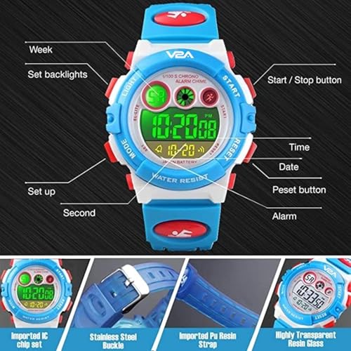 V2A Digital Kids Sports Watch with 7 Color Backlight Alarm Stopwatch for Boys and Girls (White-Blue) - Image 5