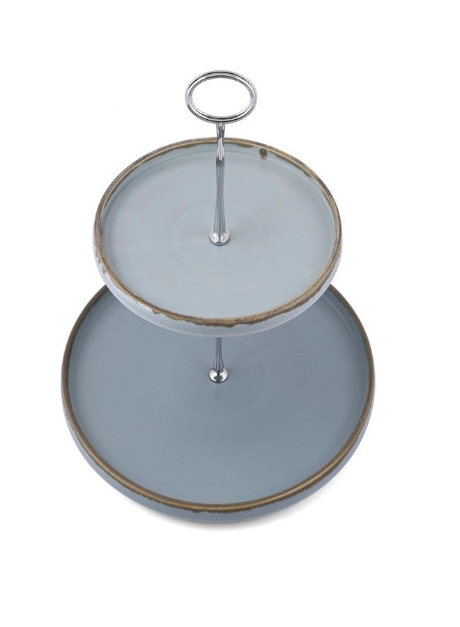 Hitkari Potteries Porcelain Crackled Blue Matt 2-Tier Cake Plate - Modern Ceramic Dessert Stand | Matte Finish with Crackle Glaze | Dishwasher Safe | Ideal for Cakes, Pastries & High Tea - Image 2