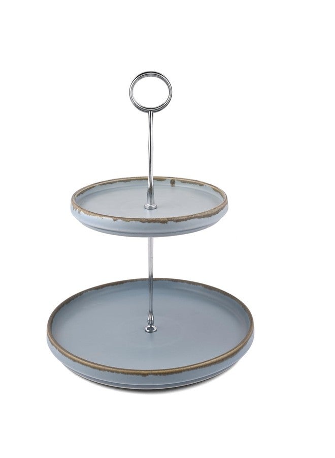 Hitkari Potteries Porcelain Crackled Blue Matt 2-Tier Cake Plate - Modern Ceramic Dessert Stand | Matte Finish with Crackle Glaze | Dishwasher Safe | Ideal for Cakes, Pastries & High Tea - Image 1