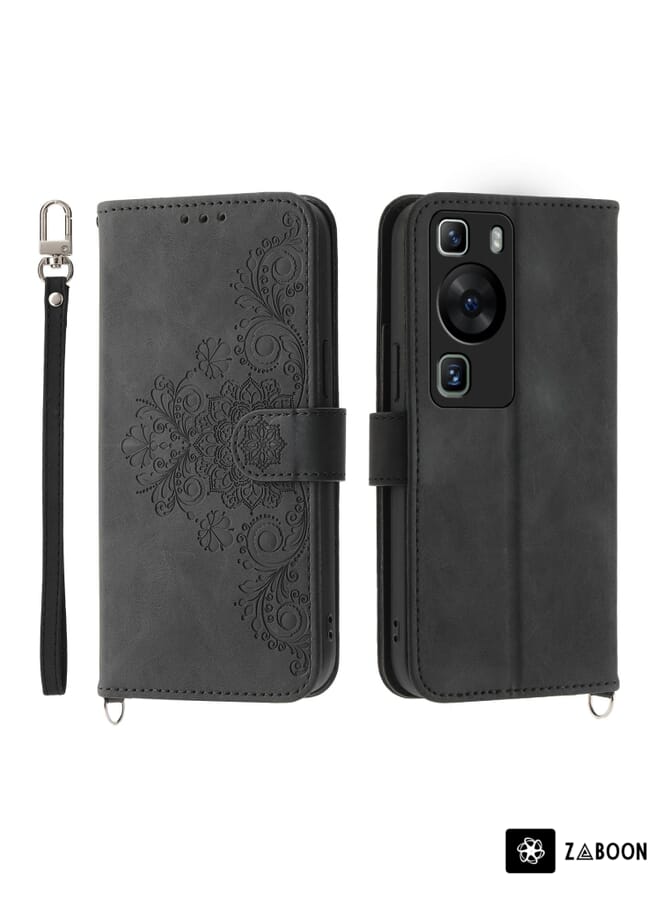 Zaboon Protective Case For Huawei P60 / P60 Pro Skin-feel Flowers Embossed Wallet Leather - Image 1