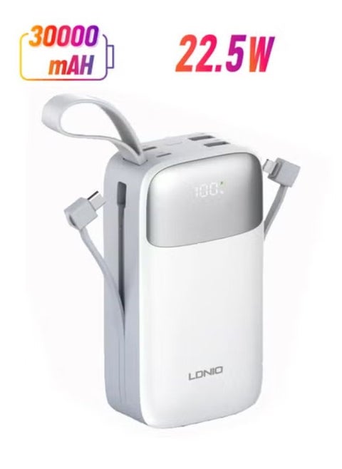 30000mAh Power Bank 2USB-A Fast Charging Power Banks smart LED Display with in-Built Type C and lighting Charging Cable White