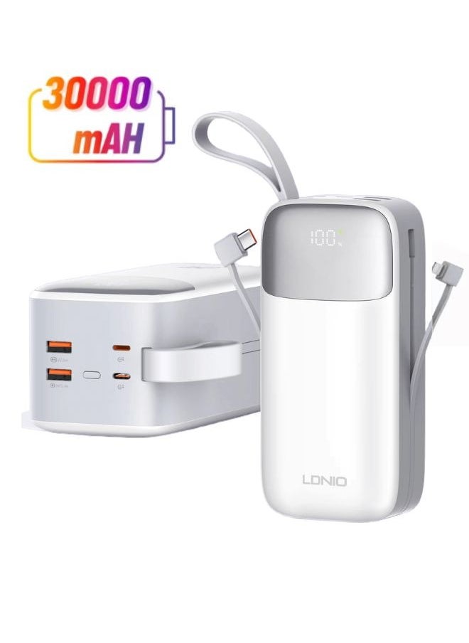LDNIO 30000mAh Power Bank 2USB-A Fast Charging Power Banks smart LED Display with in-Built Type C and lighting Charging Cable White  - Image 1