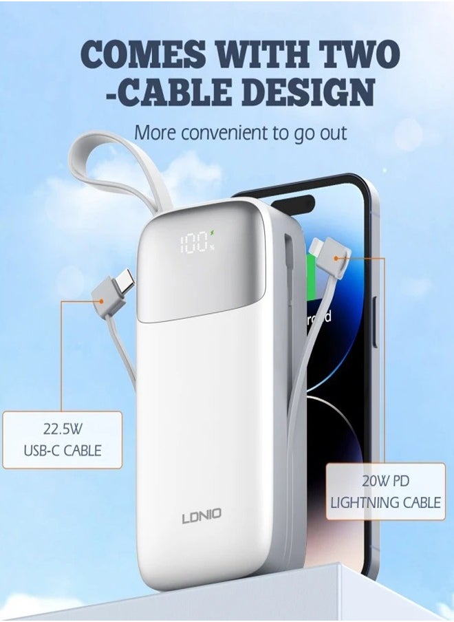 LDNIO - 30000mAh Power Bank 2USB-A Fast Charging Power Banks smart LED Display with in-Built Type C and lighting Charging Cable White - Image 1