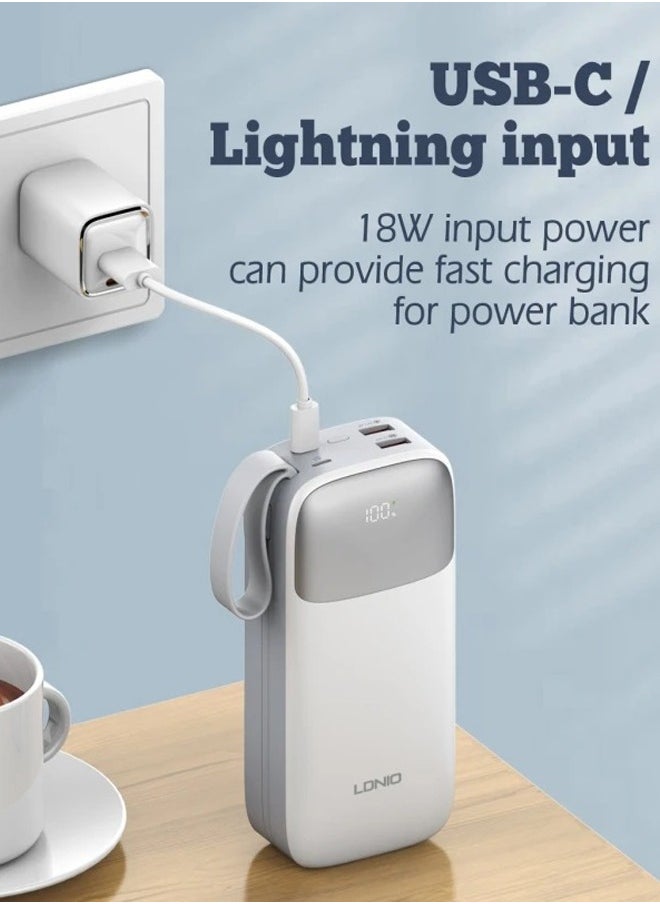 LDNIO - 30000mAh Power Bank 2USB-A Fast Charging Power Banks smart LED Display with in-Built Type C and lighting Charging Cable White - Image 1