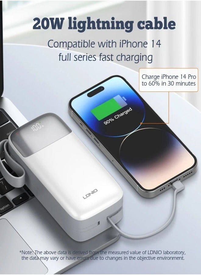 LDNIO - 30000mAh Power Bank 2USB-A Fast Charging Power Banks smart LED Display with in-Built Type C and lighting Charging Cable White - Image 1