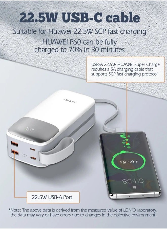 LDNIO - 30000mAh Power Bank 2USB-A Fast Charging Power Banks smart LED Display with in-Built Type C and lighting Charging Cable White - Image 1