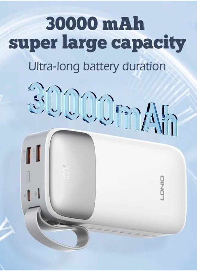 LDNIO - 30000mAh Power Bank 2USB-A Fast Charging Power Banks smart LED Display with in-Built Type C and lighting Charging Cable White - Image 1