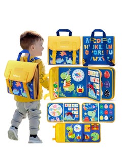 KASTWAVE Felt Learning Board, Toddler Toys Busy Board, Early Childhood Schoolbag, Montessori Toys, Busy Book Sensory Toys, Dinosaur Theme, 18 in 1 Preschool Learning Activities With 12 Life Skills, Blue  - Image 1