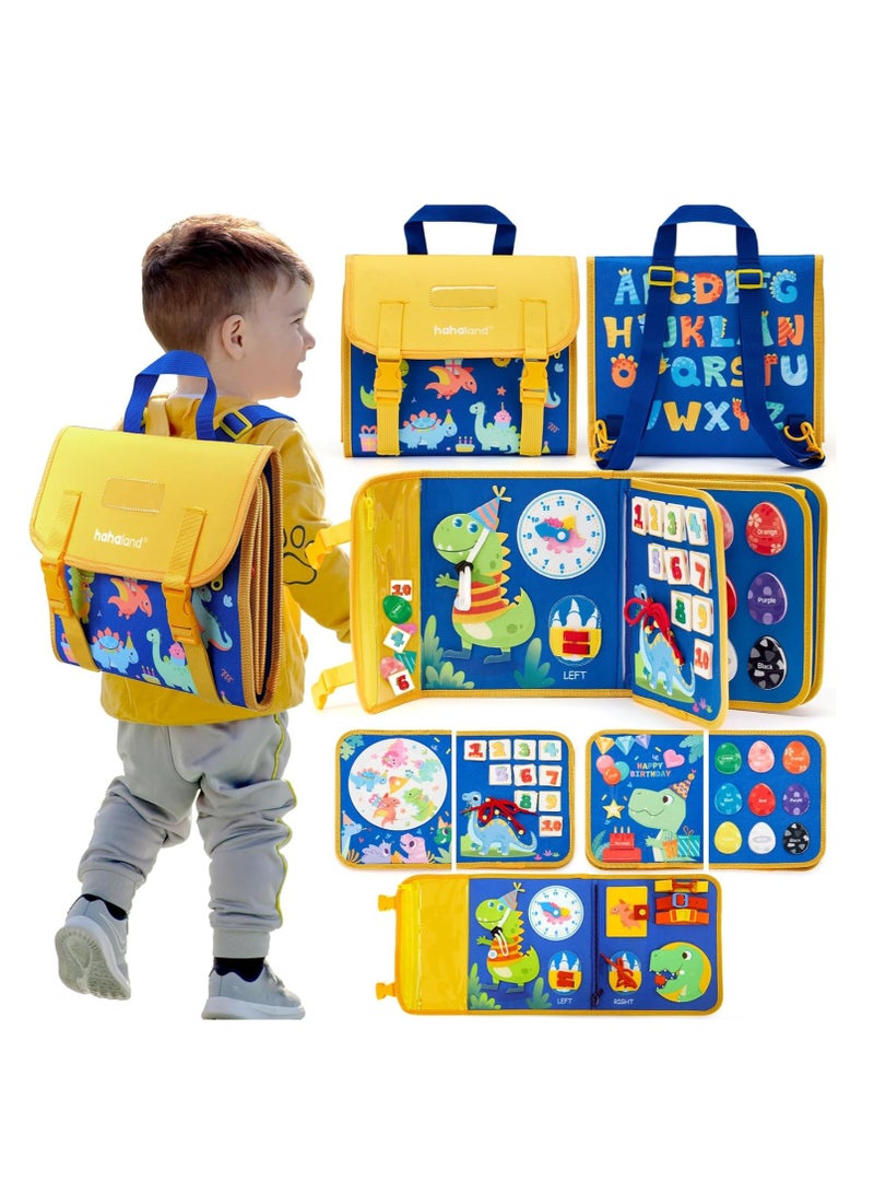 KASTWAVE Felt Learning Board, Toddler Toys Busy Board, Early Childhood Schoolbag, Montessori Toys, Busy Book Sensory Toys, Dinosaur Theme, 18 in 1 Preschool Learning Activities With 12 Life Skills, Blue - Image 1