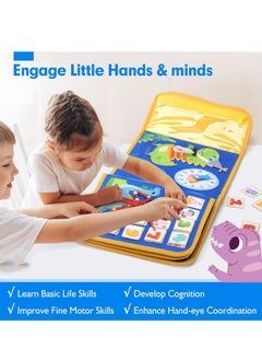 KASTWAVE Felt Learning Board, Toddler Toys Busy Board, Early Childhood Schoolbag, Montessori Toys, Busy Book Sensory Toys, Dinosaur Theme, 18 in 1 Preschool Learning Activities With 12 Life Skills, Blue  - Image 3