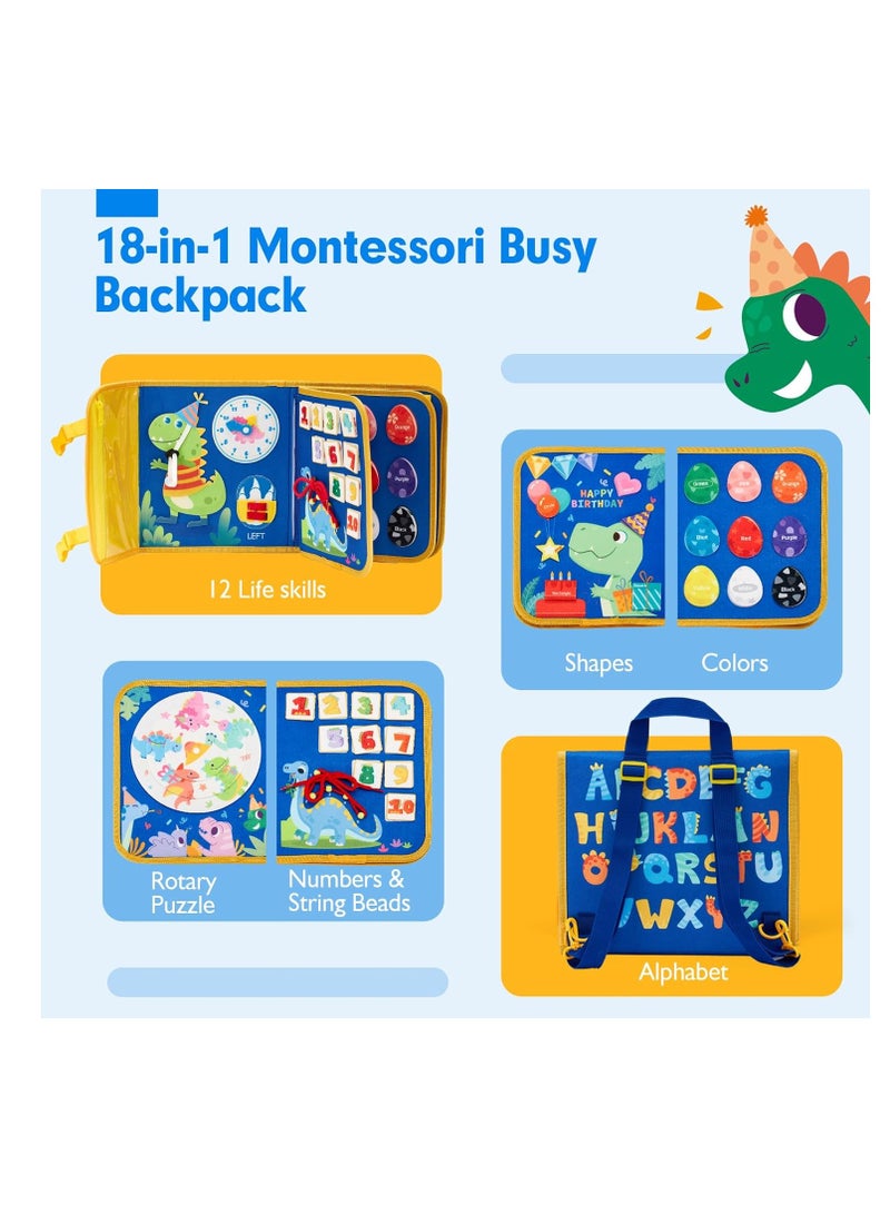 KASTWAVE Felt Learning Board, Toddler Toys Busy Board, Early Childhood Schoolbag, Montessori Toys, Busy Book Sensory Toys, Dinosaur Theme, 18 in 1 Preschool Learning Activities With 12 Life Skills, Blue - Image 2