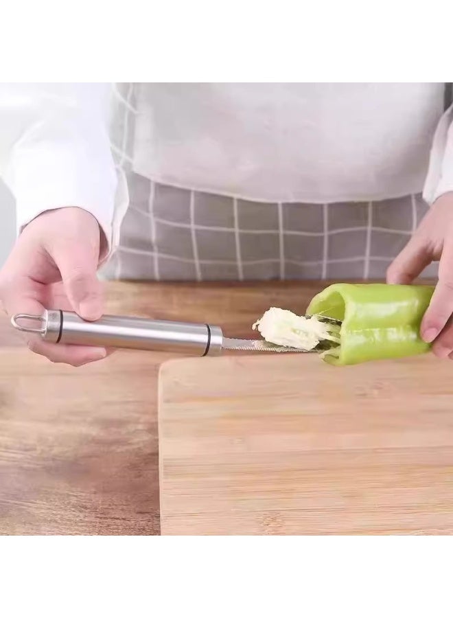 2PCS,Stainless Steel Chili Seed Remover Household 2-in-1 Cutting Tool for Bitter Gourd Core Removal Green Pepper Seeding - Image 3