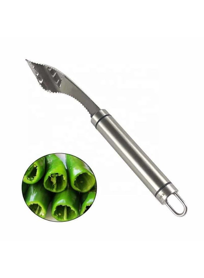 2PCS,Stainless Steel Chili Seed Remover Household 2-in-1 Cutting Tool for Bitter Gourd Core Removal Green Pepper Seeding - Image 1