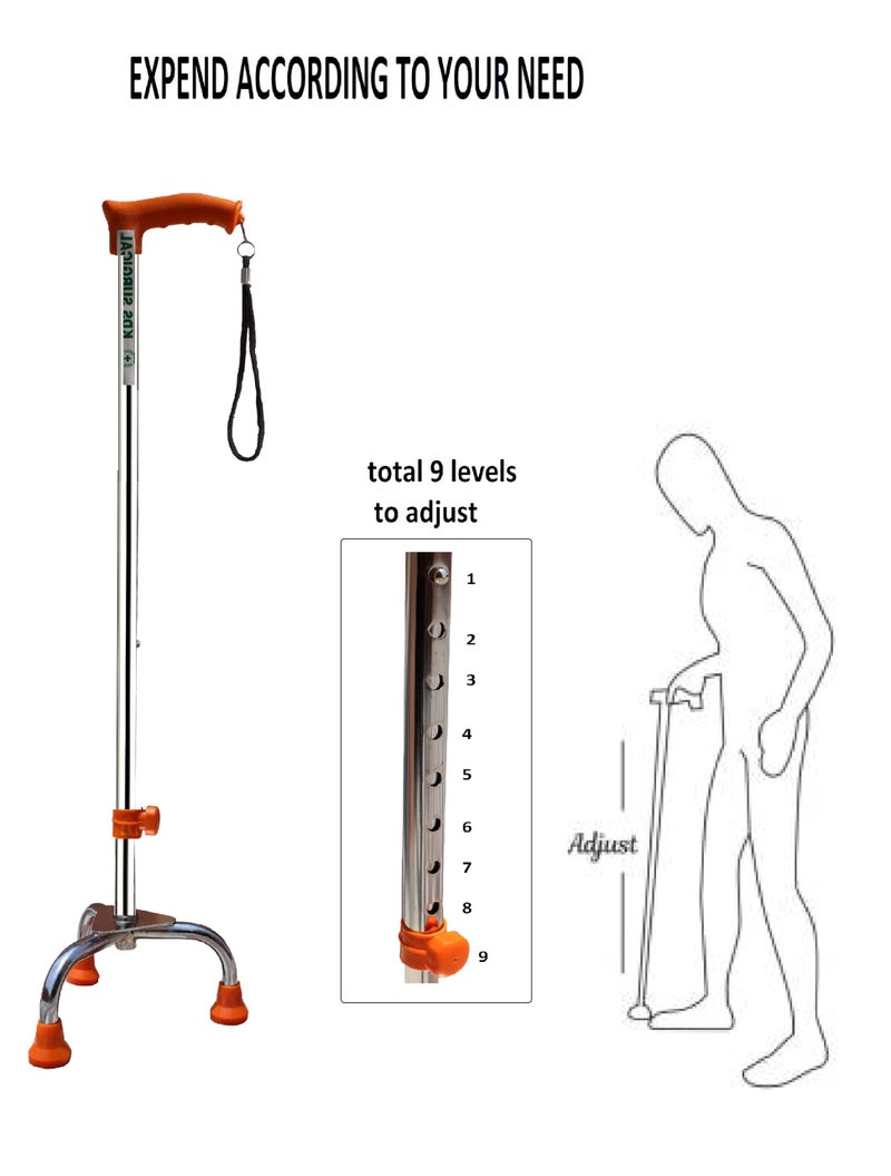 Kds Surgical 3 Leg Chrome Height Adjustable Men/Women/Old Age People Patient Walking Stick - Orange - Image 4