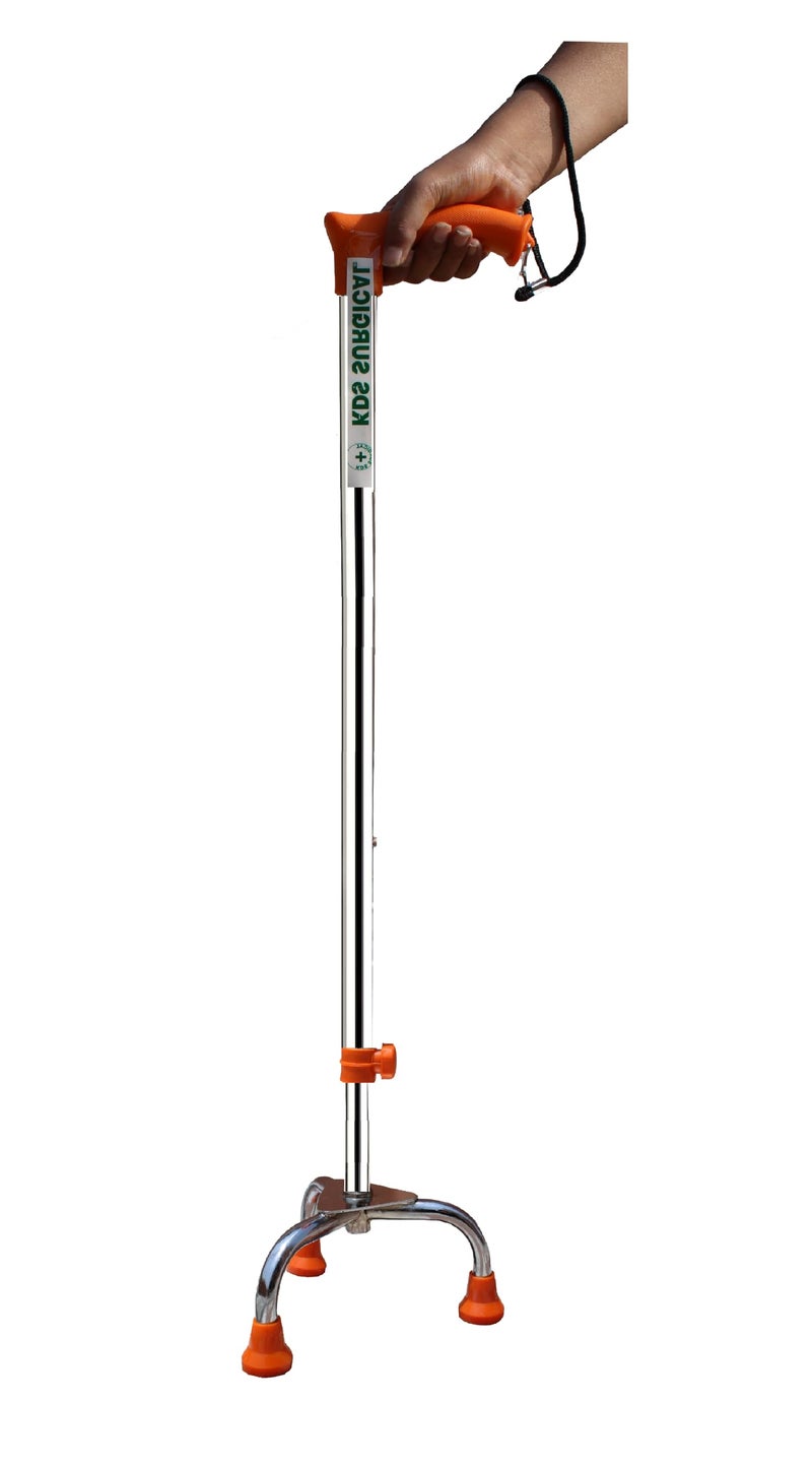 Kds Surgical 3 Leg Chrome Height Adjustable Men/Women/Old Age People Patient Walking Stick - Orange - Image 1