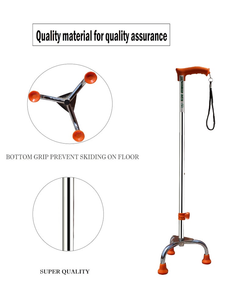 Kds Surgical 3 Leg Chrome Height Adjustable Men/Women/Old Age People Patient Walking Stick - Orange - Image 5