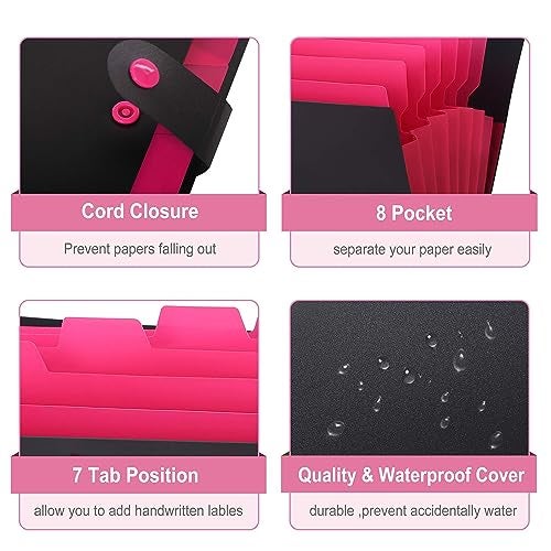 NISUN 8 Pockets File Folder, A4/Letter Size Accordion File Organizer, Expandable Document Holder, Portable Folders for Classroom,Home,Office - Black/Pink - Image 3