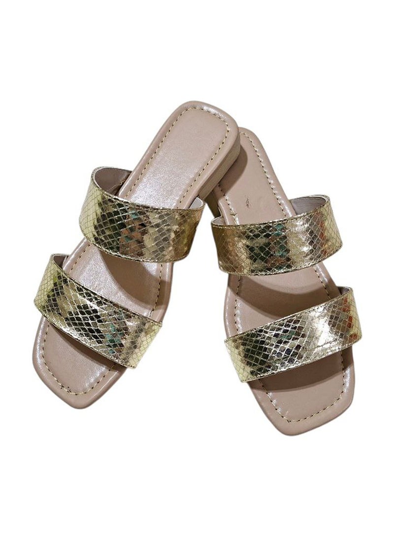Karisma Simple Double Strap Flat Squared Toe Slipper With Snake Print Material - Image 1