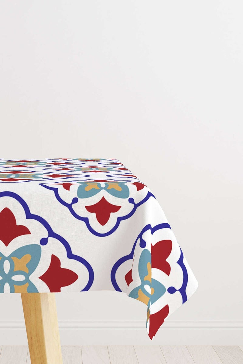 White Blue Modern Ethnic Tile Patterned Digital Printed Tablecloth CGH572-MS