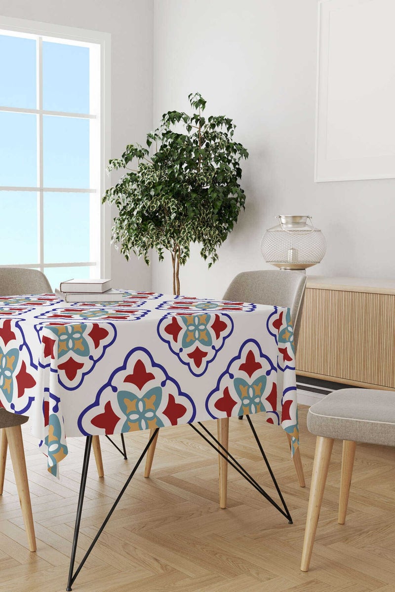 White Blue Modern Ethnic Tile Patterned Digital Printed Tablecloth CGH572-MS