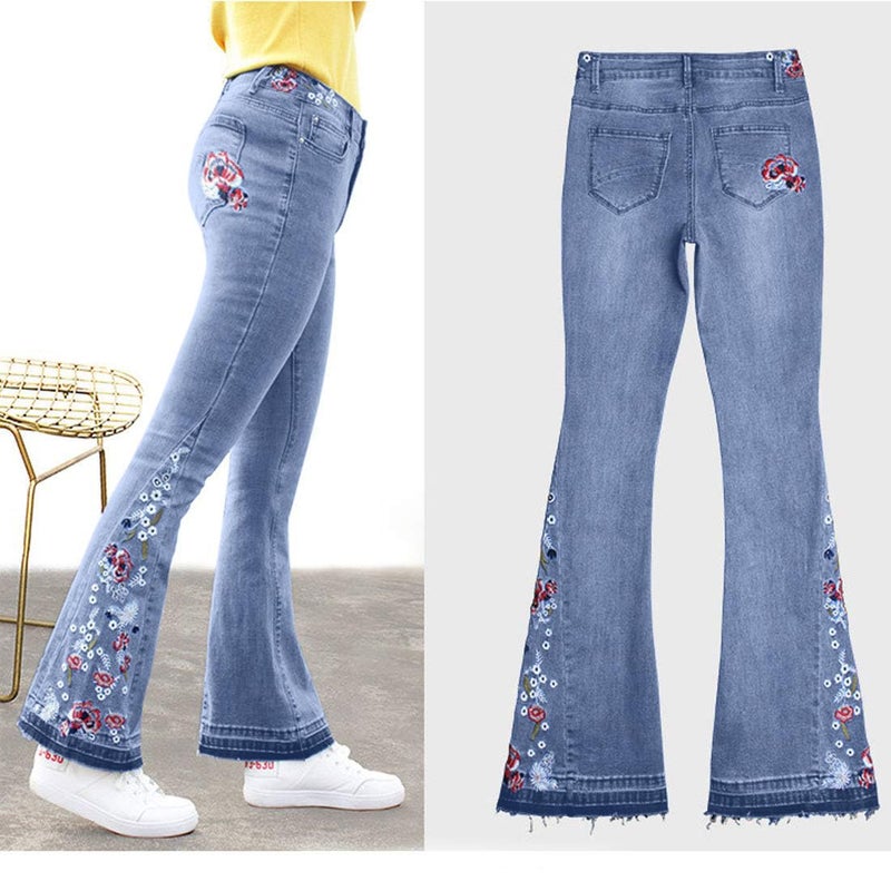 CHARTOU Womens Chic Floral Embroidered High-Rise Bell Bottom Flare Jeans Broad Feet Long Denim Pants (Blue, Large) - Image 3
