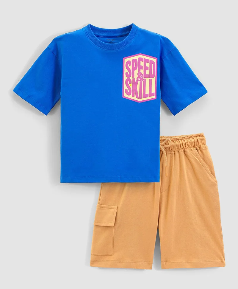 Primo Gino Primo Gino 100% Cotton Drop Shoulder Oversized Front & Back Printed T-Shirt & Cargo Shorts Set - Blue & Beige