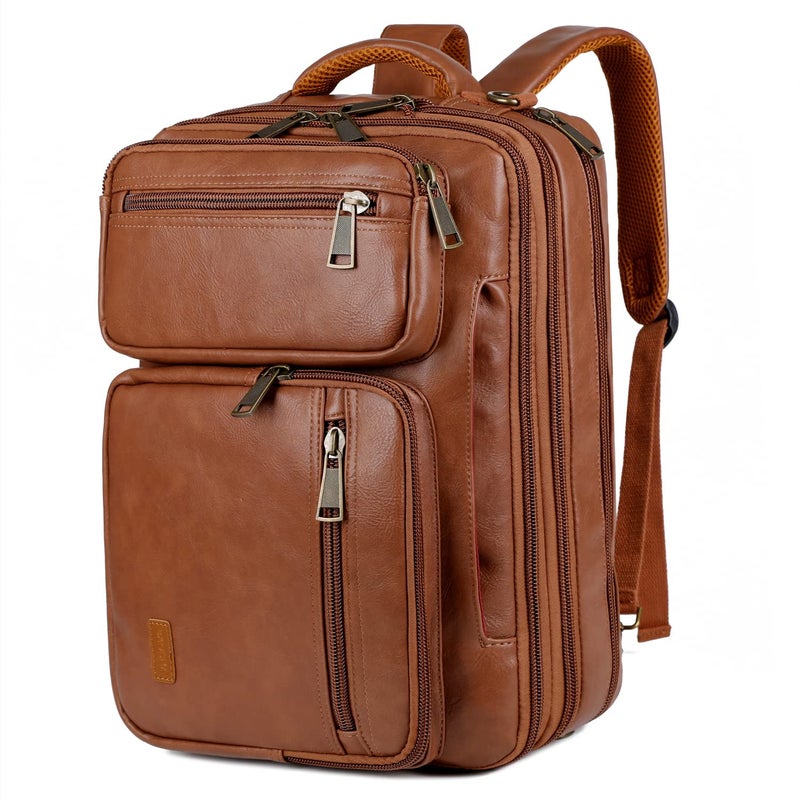 BAOSHA Vegan Leather Laptop Backpack Briefcase Hybrid 15.6 Inch Laptop Travel Backpack Hiking College Backpack for Men BC-04 (Brown) - Image 1