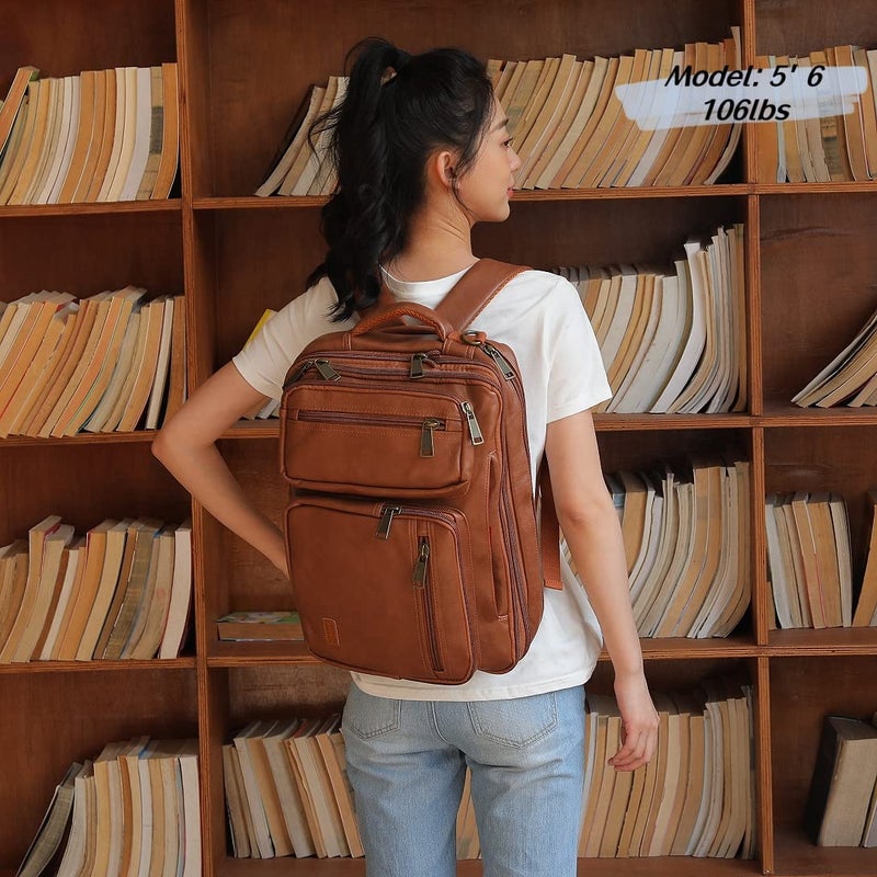 BAOSHA Vegan Leather Laptop Backpack Briefcase Hybrid 15.6 Inch Laptop Travel Backpack Hiking College Backpack for Men BC-04 (Brown) - Image 5