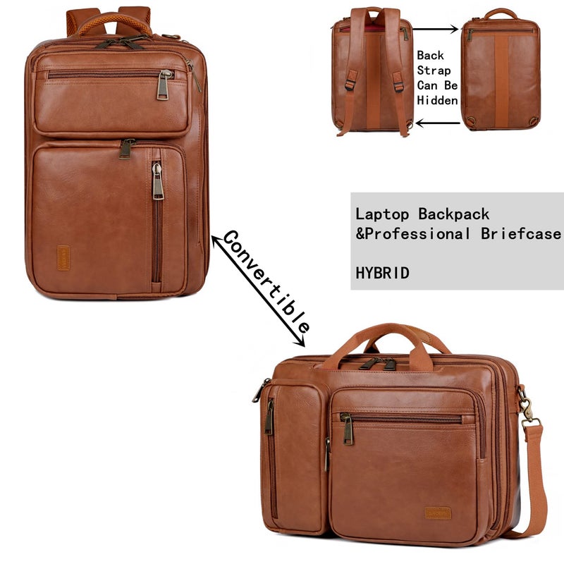 BAOSHA Vegan Leather Laptop Backpack Briefcase Hybrid 15.6 Inch Laptop Travel Backpack Hiking College Backpack for Men BC-04 (Brown) - Image 2