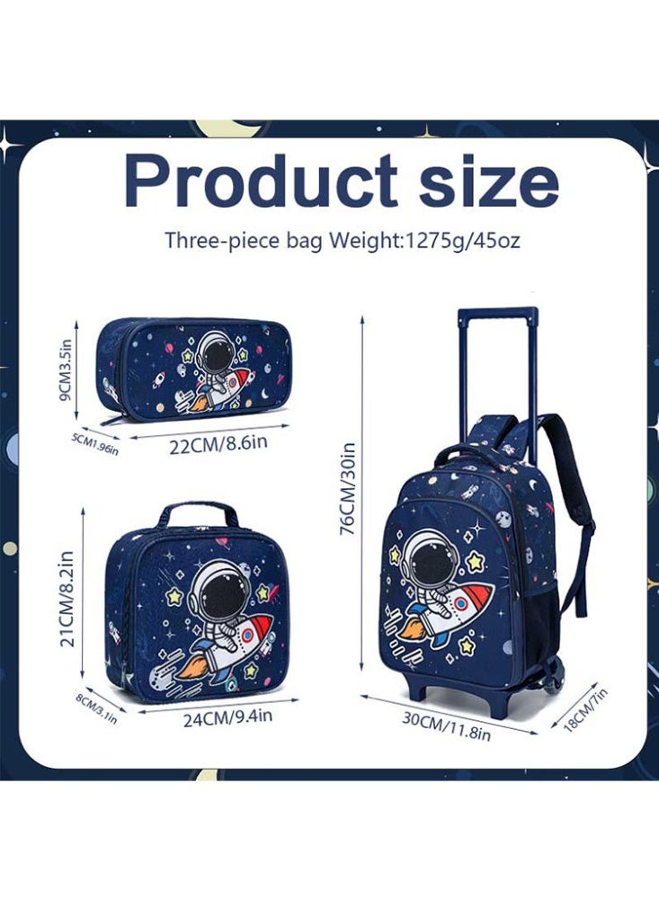 JCB CHIC مجموعة من 3 قطع حقيبة ظهر متدحرجة للأطفال، حقيبة كرتونية لطيفة ذات عجلتين مع صندوق غداء وحقيبة أقلام، حقيبة سفر متعددة الجيوب للأطفال، حقيبة يد للأطفال الصغار في المرحلة الابتدائية - Image 2