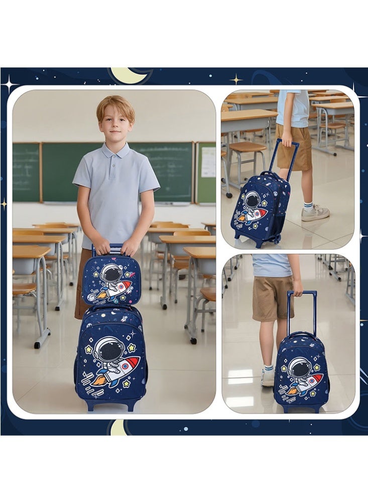 JCB CHIC مجموعة من 3 قطع حقيبة ظهر متدحرجة للأطفال، حقيبة كرتونية لطيفة ذات عجلتين مع صندوق غداء وحقيبة أقلام، حقيبة سفر متعددة الجيوب للأطفال، حقيبة يد للأطفال الصغار في المرحلة الابتدائية - Image 3