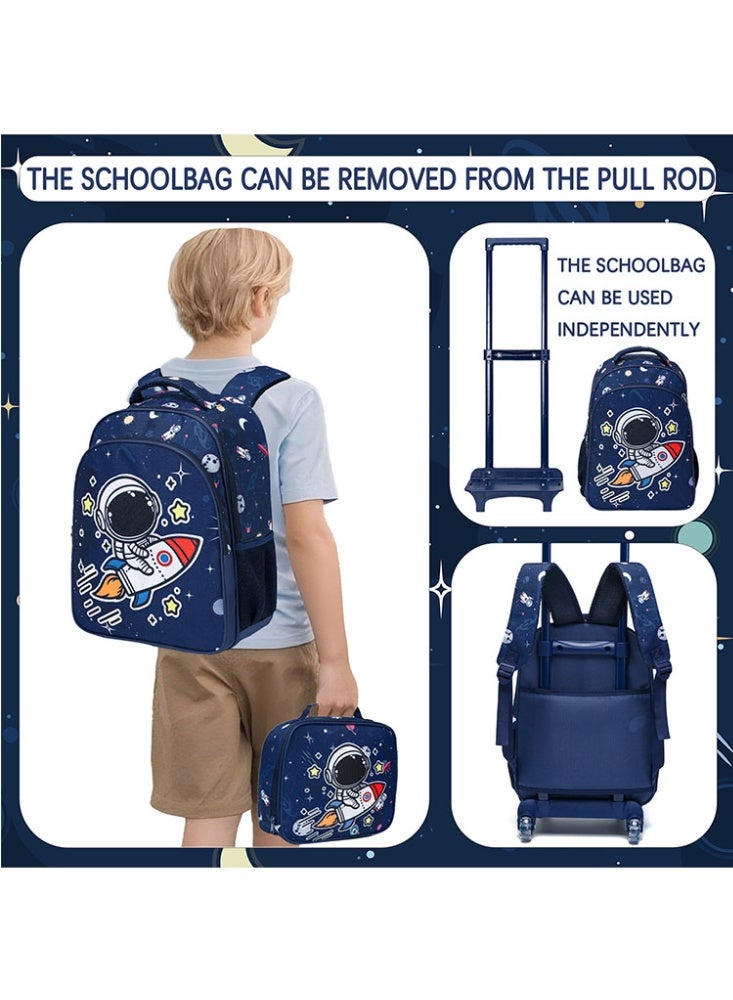 JCB CHIC مجموعة من 3 قطع حقيبة ظهر متدحرجة للأطفال، حقيبة كرتونية لطيفة ذات عجلتين مع صندوق غداء وحقيبة أقلام، حقيبة سفر متعددة الجيوب للأطفال، حقيبة يد للأطفال الصغار في المرحلة الابتدائية - Image 4