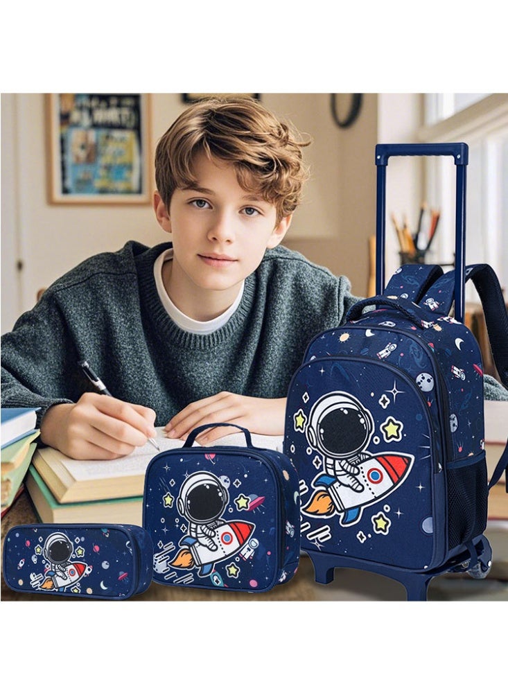 JCB CHIC مجموعة من 3 قطع حقيبة ظهر متدحرجة للأطفال، حقيبة كرتونية لطيفة ذات عجلتين مع صندوق غداء وحقيبة أقلام، حقيبة سفر متعددة الجيوب للأطفال، حقيبة يد للأطفال الصغار في المرحلة الابتدائية - Image 5