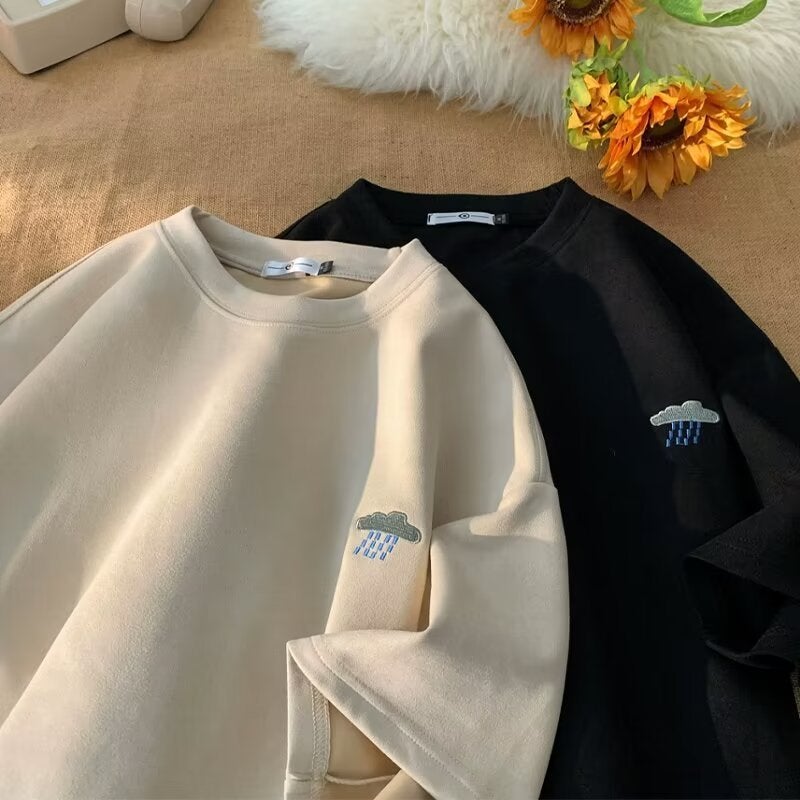 Suede Embroidered Short-Sleeved T-Shirt Men'S 2024 Summer Loose All-Match Round Neck Half-Sleeved T-Shirt For Couples And Students - Image 2