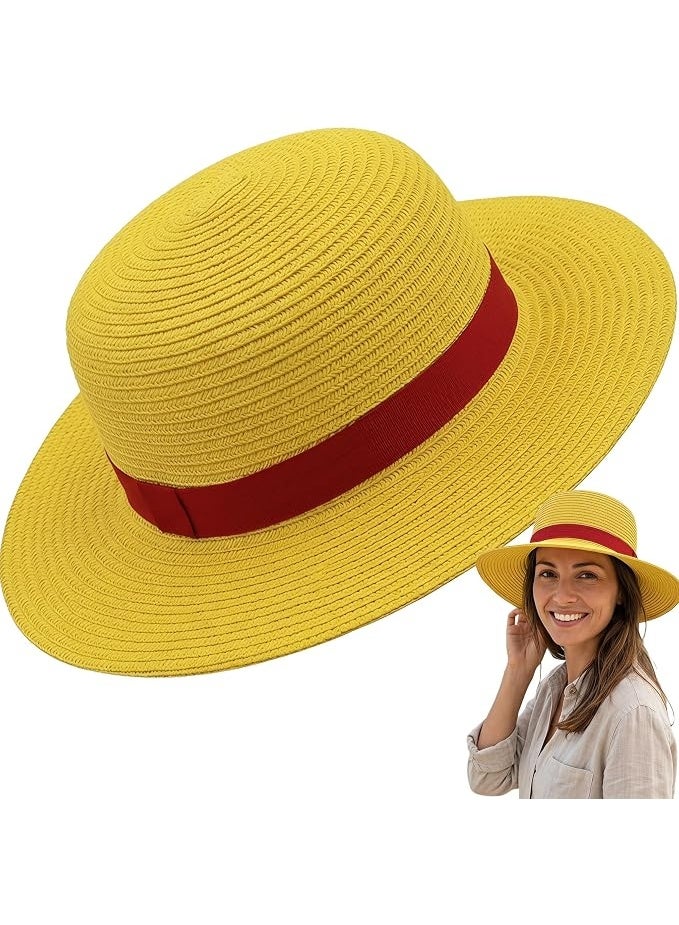 Hugifts Yellow Straw Hat with String, Cosplay Cap for Summer Beach Party | Yellow Straw Hat with Chin String, Anime Cosplay Cap, Summer Beach Sun Hat for Men Women, Halloween Pirate Costume Props - Image 1