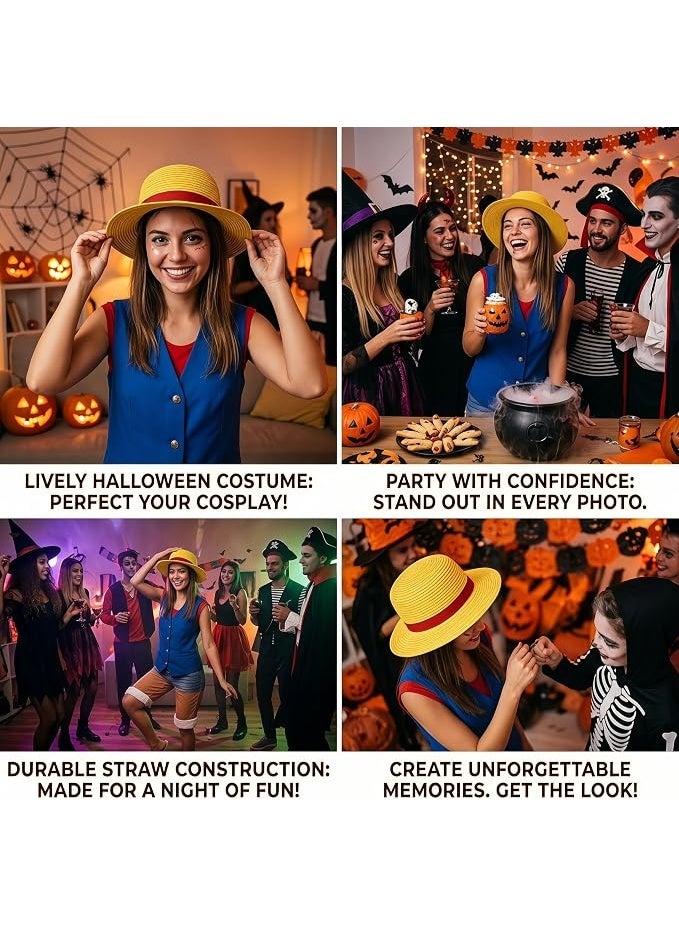 Hugifts Yellow Straw Hat with String, Cosplay Cap for Summer Beach Party | Yellow Straw Hat with Chin String, Anime Cosplay Cap, Summer Beach Sun Hat for Men Women, Halloween Pirate Costume Props - Image 4
