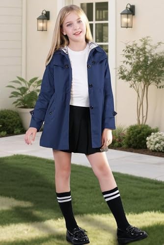 Betusline Girl's Trench Coat, Single Breasted Windbreaker Jacket Hoodie Dress Coat Outerwear for Girl,1# Navy Blue,11-12 Years = Tag 160 - Image 2