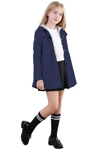 Betusline Girl's Trench Coat, Single Breasted Windbreaker Jacket Hoodie Dress Coat Outerwear for Girl,1# Navy Blue,11-12 Years = Tag 160 - Image 3