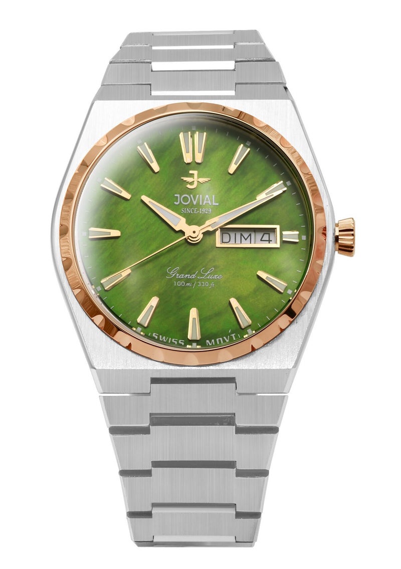 JOVIAL  1540GAMQ09E , Men's Fashion Watch,  Stainless steel , Green Dial, Fold Over Clasp, Day and Date Display, 40 mm - Image 1