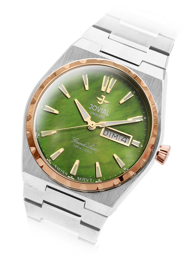 JOVIAL  1540GAMQ09E , Men's Fashion Watch,  Stainless steel , Green Dial, Fold Over Clasp, Day and Date Display, 40 mm - Image 2