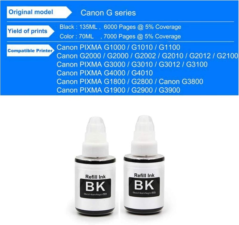 زجاجات حبر إعادة التعبئة المتوافقة مع طابعات كانون من سلسلة G PIXMA G1000 G1010 G2000 G2002 G2010 G2012 G3000 G3010 G3012 G4000 G4010 (أسود - قطعتان (135 مل لكل منهما)) - Image 2