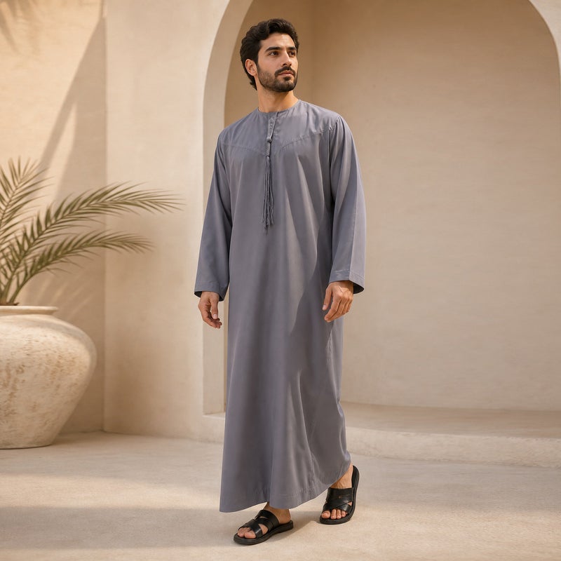 2026 New Basic Men's Kandora Round Neck Long Robe with Pocket, Multicolor - Image 3