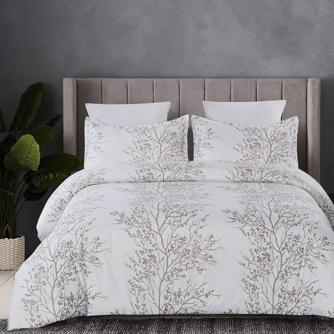 SOFT MICROFIBER DUVET COVER SET PRINTED TREE BRANCH PATTERN WHITE AND BROWN COLOR QUEEN 1 DUVET COVER 2 PILLOW SHAMS